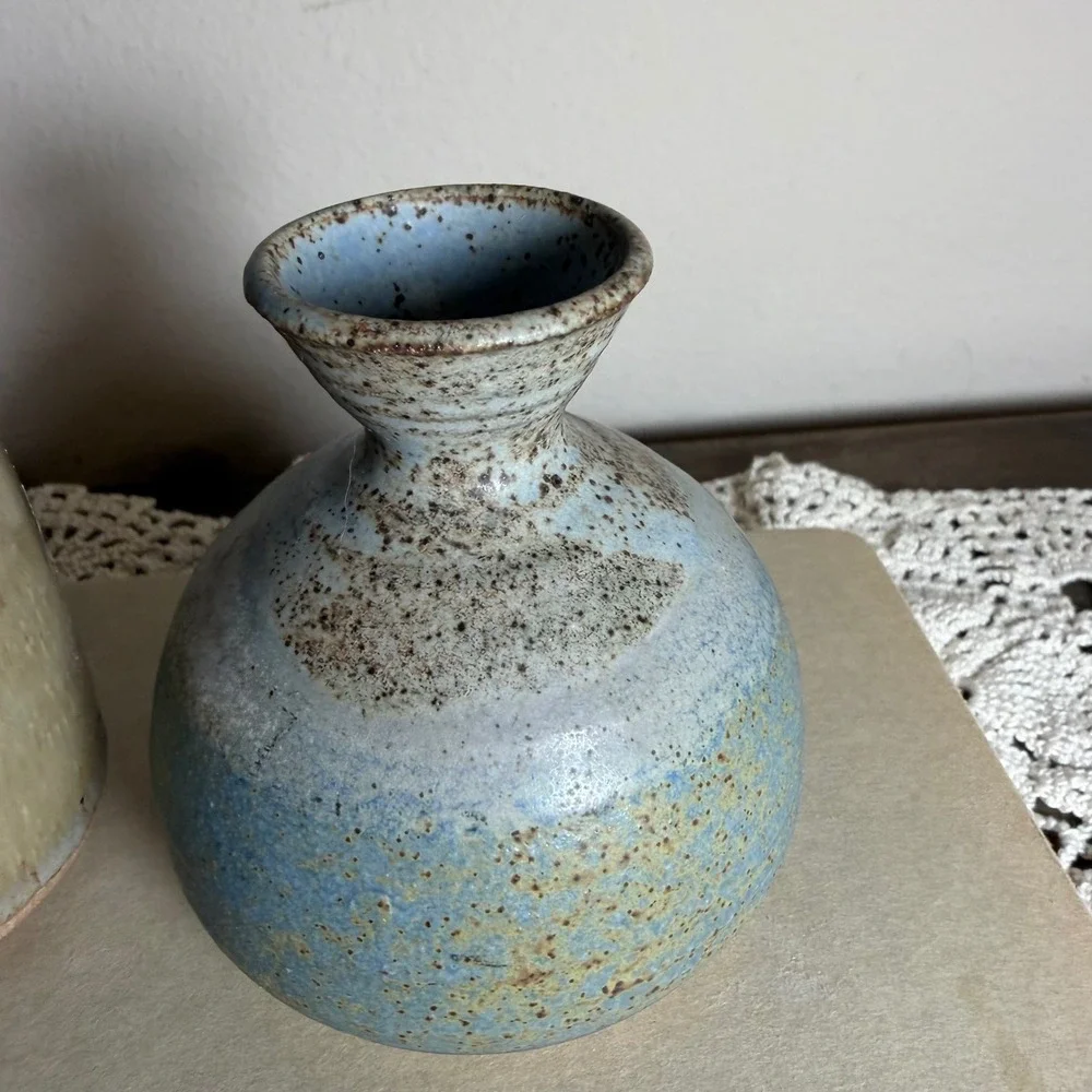 Studio Pottery Bud Vases Set 2 Signed Hand Thrown Ceramic Tan Blue Salt Glaze